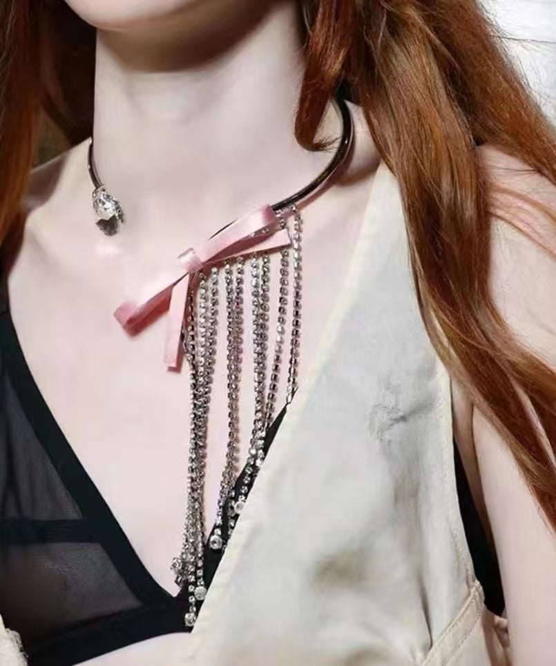 Pink Stainless Steel Bow Tassel Lariat Necklace