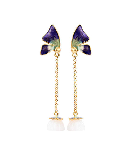 Purple Ancient Gold Enamel Jade Butterfly Drop Earrings