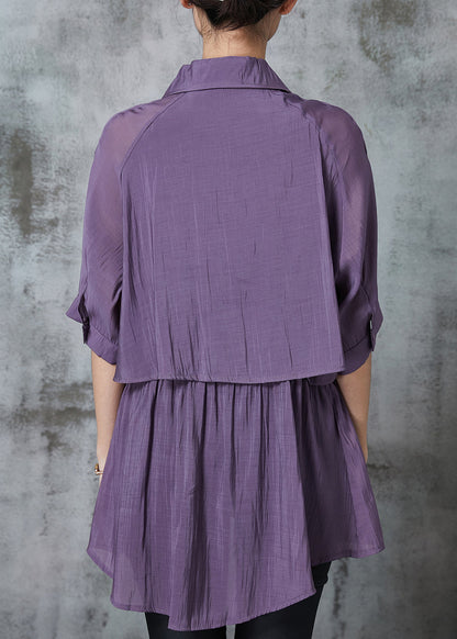 Purple Cinched Pockets Cotton Blouse Tops Summer Al1023