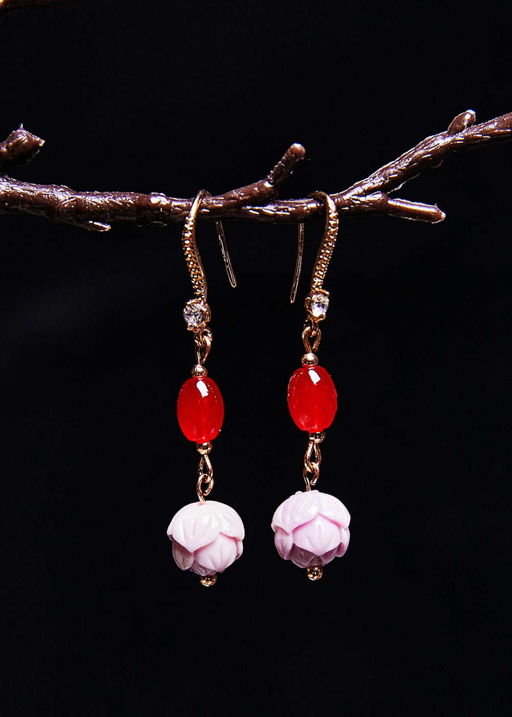 Red Gem Fine Lotus Flower Stone Drop Earrings