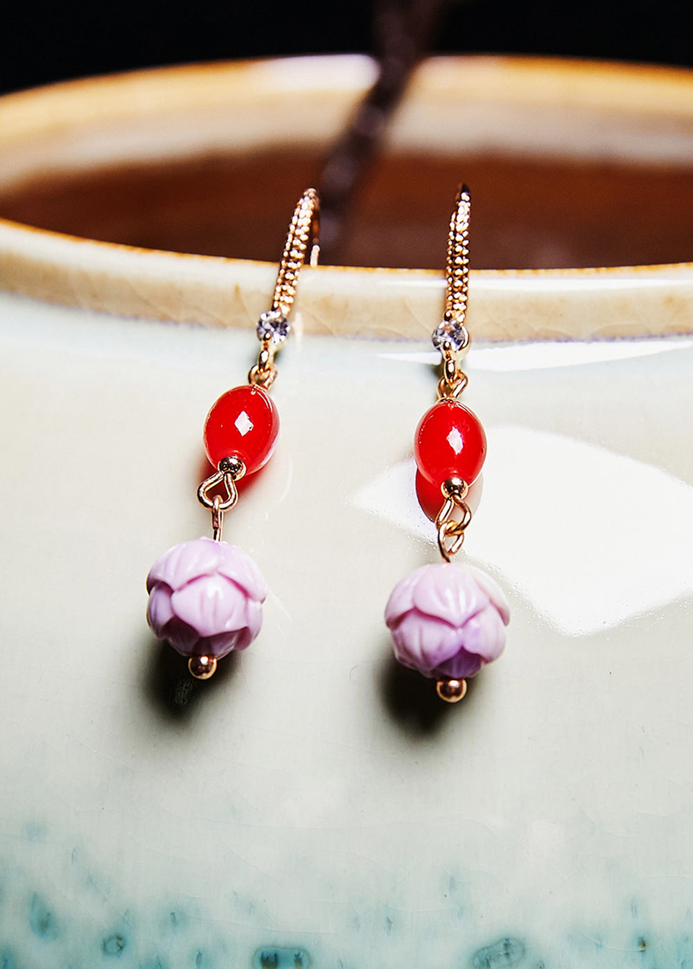 Red Gem Fine Lotus Flower Stone Drop Earrings