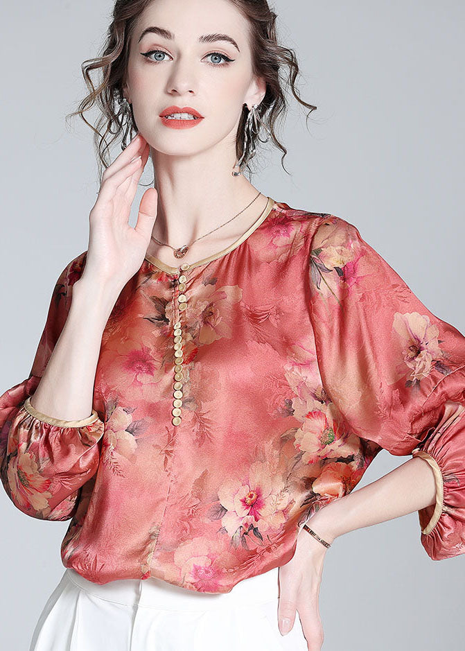 Red O Neck Print Silk Blouse Top Bracelet Sleeve Ly0989