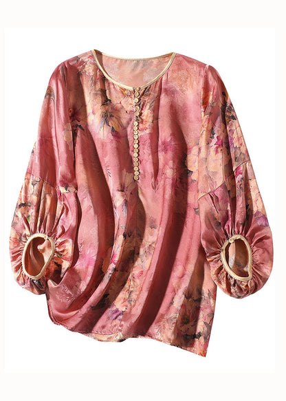 Red O Neck Print Silk Blouse Top Bracelet Sleeve Ly0989