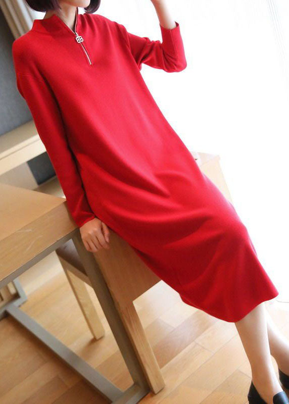 Red Stand Collar Zip Up Knit Maxi Dresses Spring Ly1451
