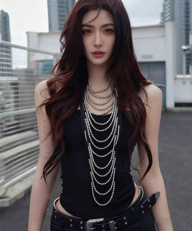 Silk Copper Leather Rope Patchwork Multi-layer Beading Tassel Gratuated Bead Necklace