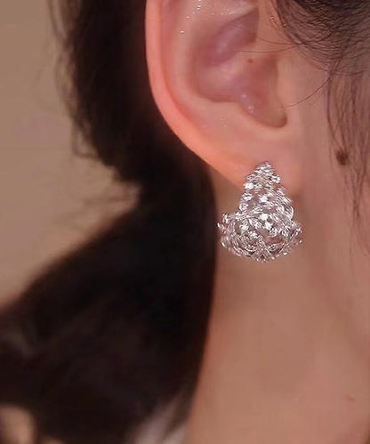Silk Sterling Silver Zircon Hollowed Out Hoop Earrings