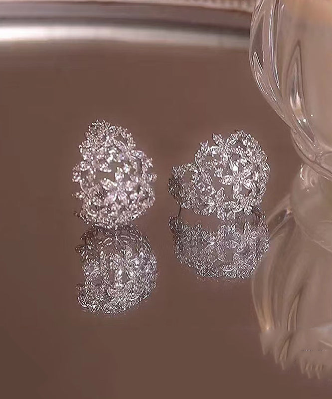 Silk Sterling Silver Zircon Hollowed Out Hoop Earrings