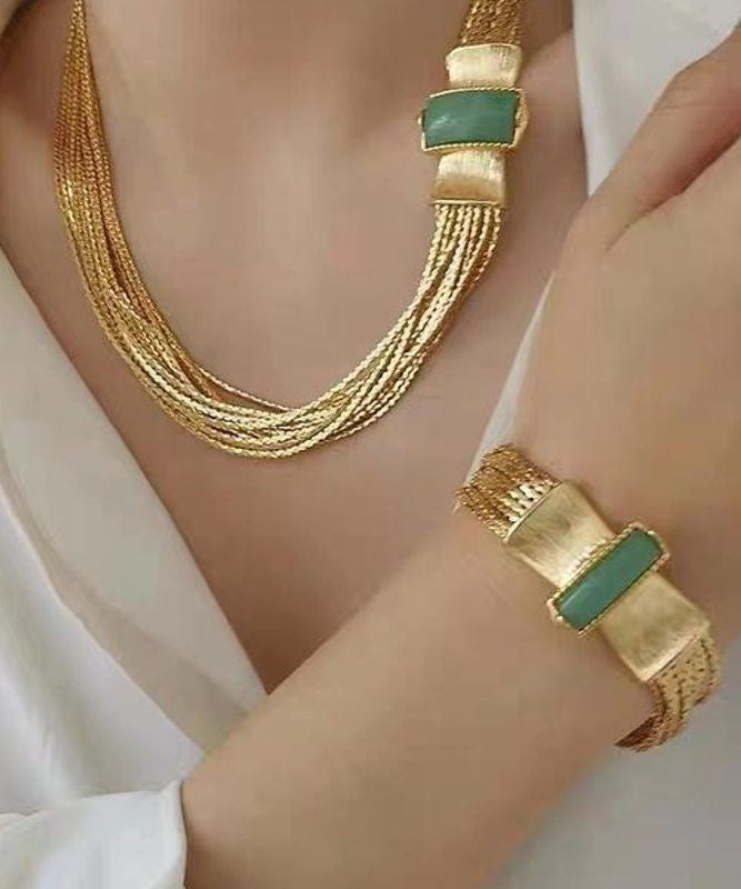 Sterling Silver Overgild Jade Weave Necklace and Chain Bracelet Two-piece Set