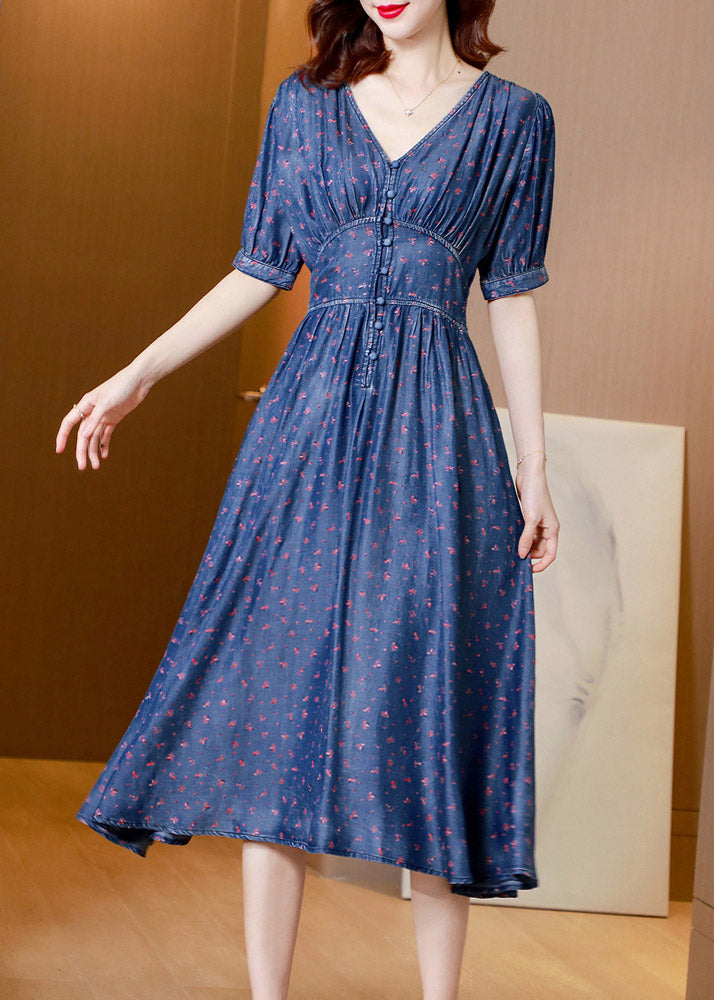 V Neck Print Tunic Silk Denim Long Dress Short Sleeve Ac2019