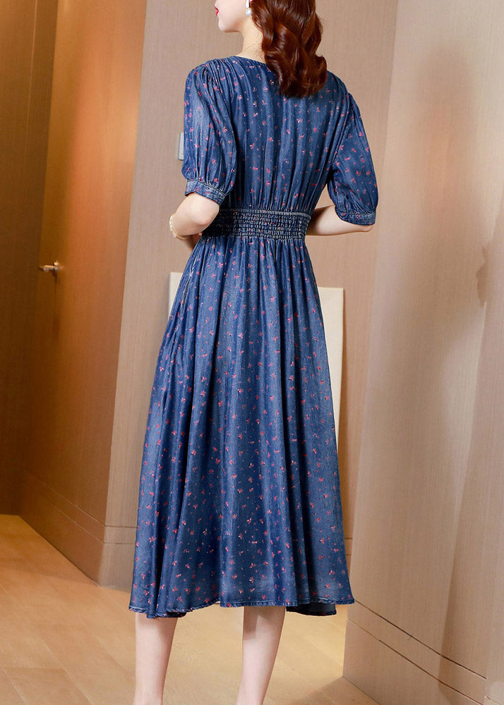 V Neck Print Tunic Silk Denim Long Dress Short Sleeve Ac2019