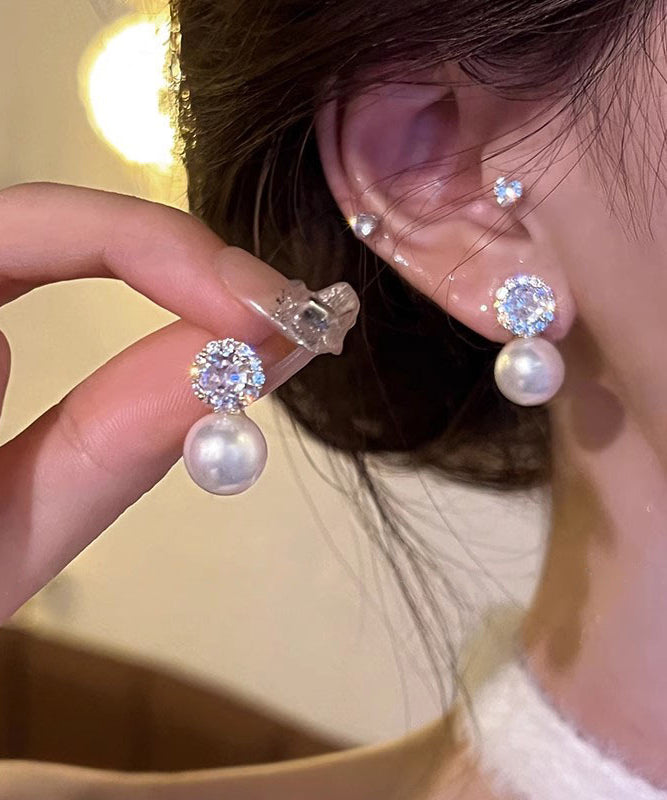 White Alloy Zircon Pearl Stud Earrings