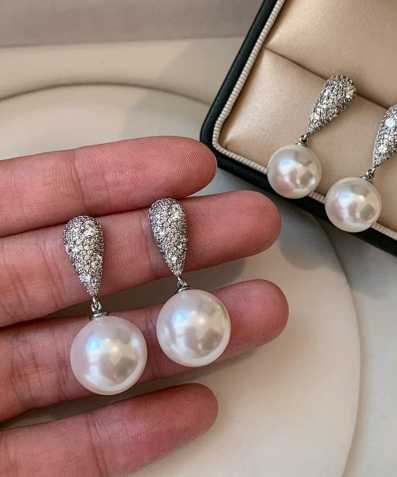White Pearl Fine Zircon Drop Earrings