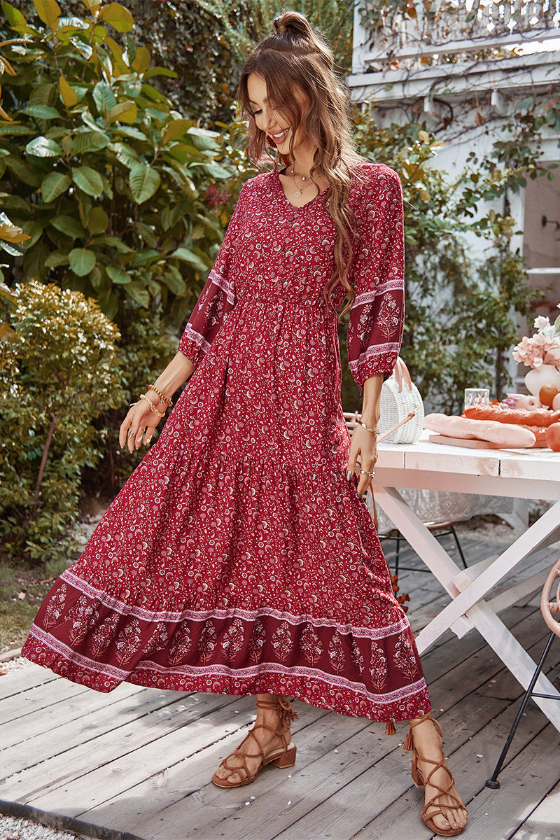 Print Puff Sleeve Loose Maxi Dress