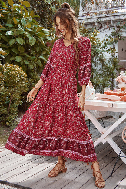 Print Puff Sleeve Loose Maxi Dress