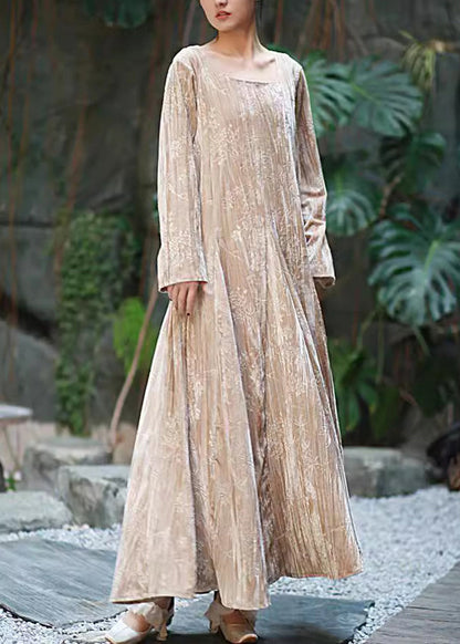 Boutique Apricot U Neck Print Exra Large Hem Velvet Long Dress Fall Ru010