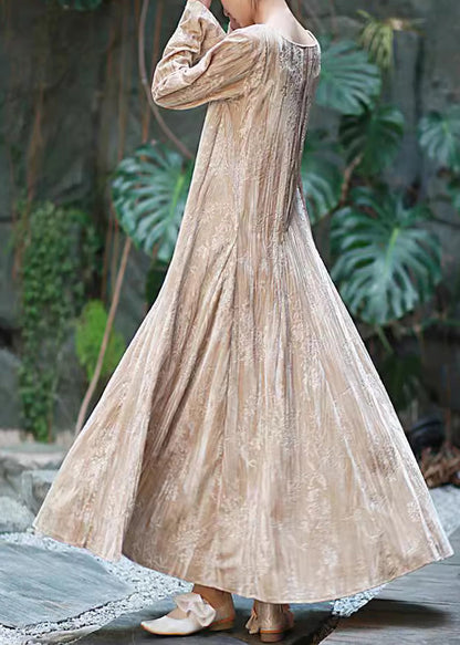 Boutique Apricot U Neck Print Exra Large Hem Velvet Long Dress Fall Ru010
