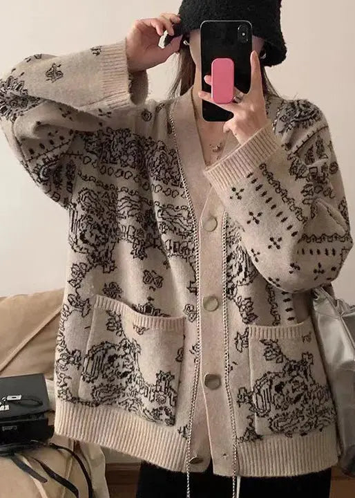 Boutique Apricot V Neck Pockets Print Knit Cardigans Spring Ha1045