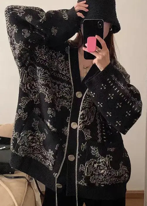 Boutique Apricot V Neck Pockets Print Knit Cardigans Spring Ha1045
