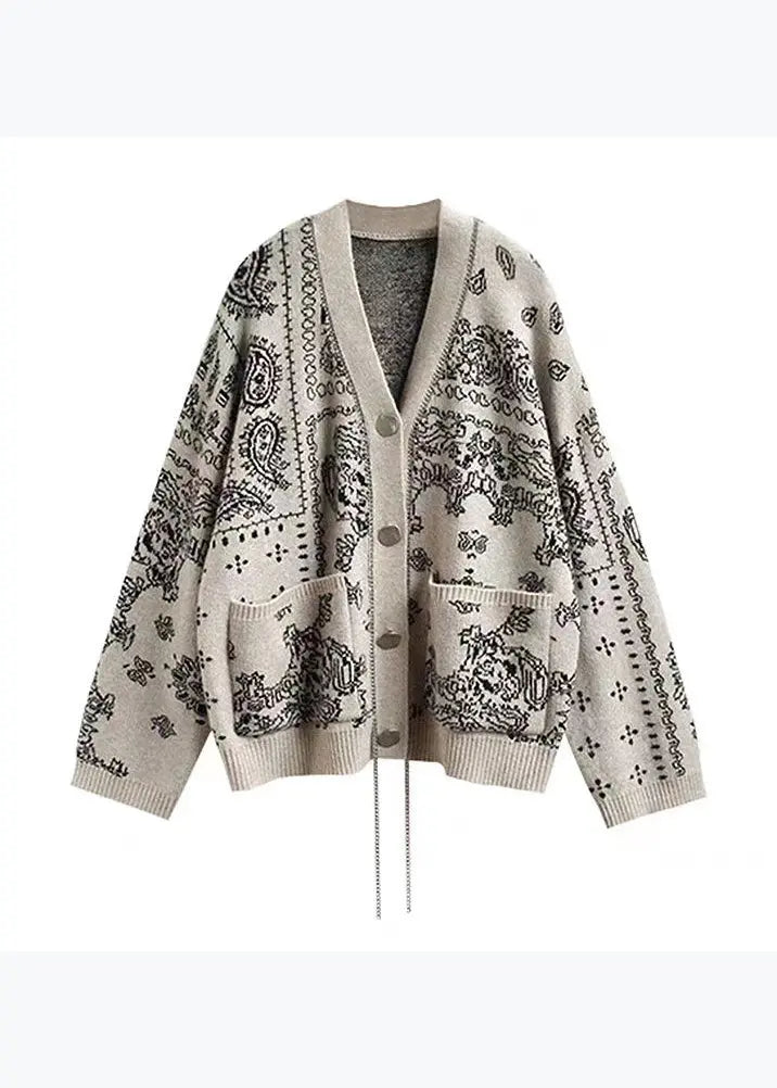 Boutique Apricot V Neck Pockets Print Knit Cardigans Spring Ha1045