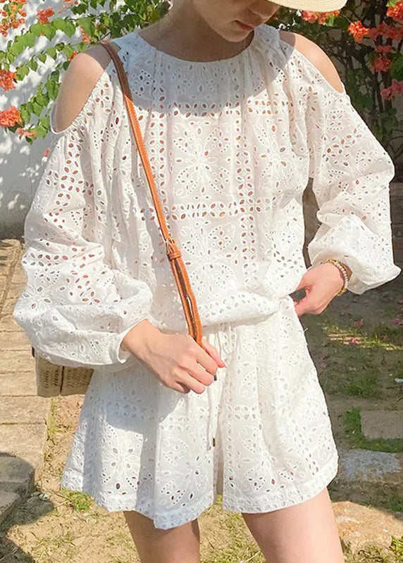 And Pieces Shorts Shirt Beige Shoulder Boutique Cotton Two Cold