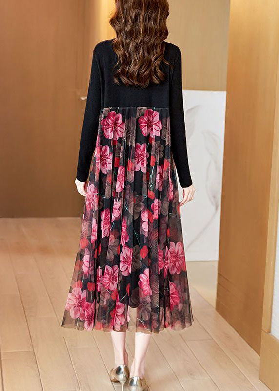 Boutique Black High Neck Patchwork Tulle Print Knit Maxi Dresses Spring Ac2049
