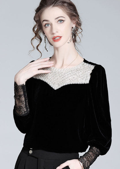 Boutique Black Nail Bead Lace Patchwork Silk Velour Blouse Top Spring Ly1022