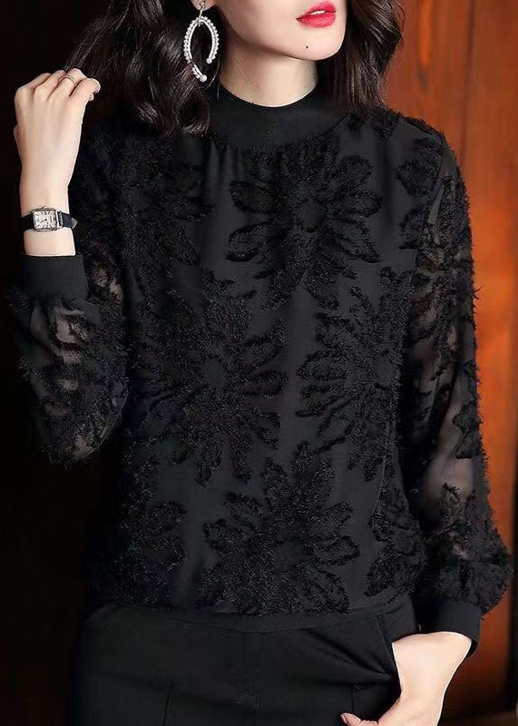 Boutique Black O Neck Jacquard Patchwork Chiffon Blouses Spring Tq1037