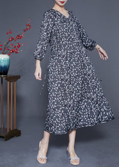 Boutique Black Ruffled Print Chiffon Long Dresses Bracelet Sleeve Ly1852
