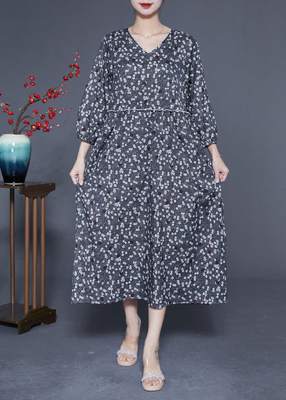 Boutique Black Ruffled Print Chiffon Long Dresses Bracelet Sleeve Ly1852
