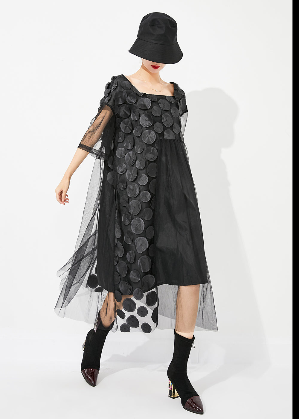 Boutique Black Square Collar Patchwork Hollow Out Tulle Long Dress Summer Ly0827