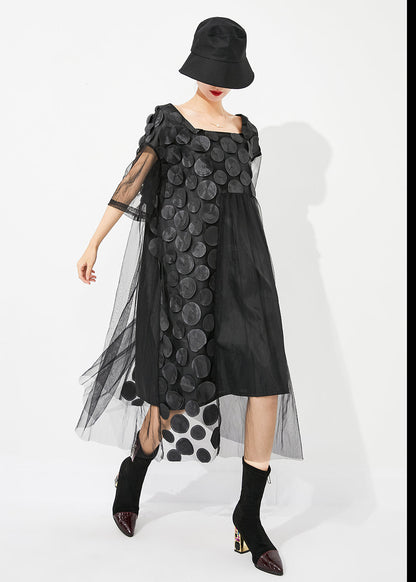 Boutique Black Square Collar Patchwork Hollow Out Tulle Long Dress Summer Ly0827