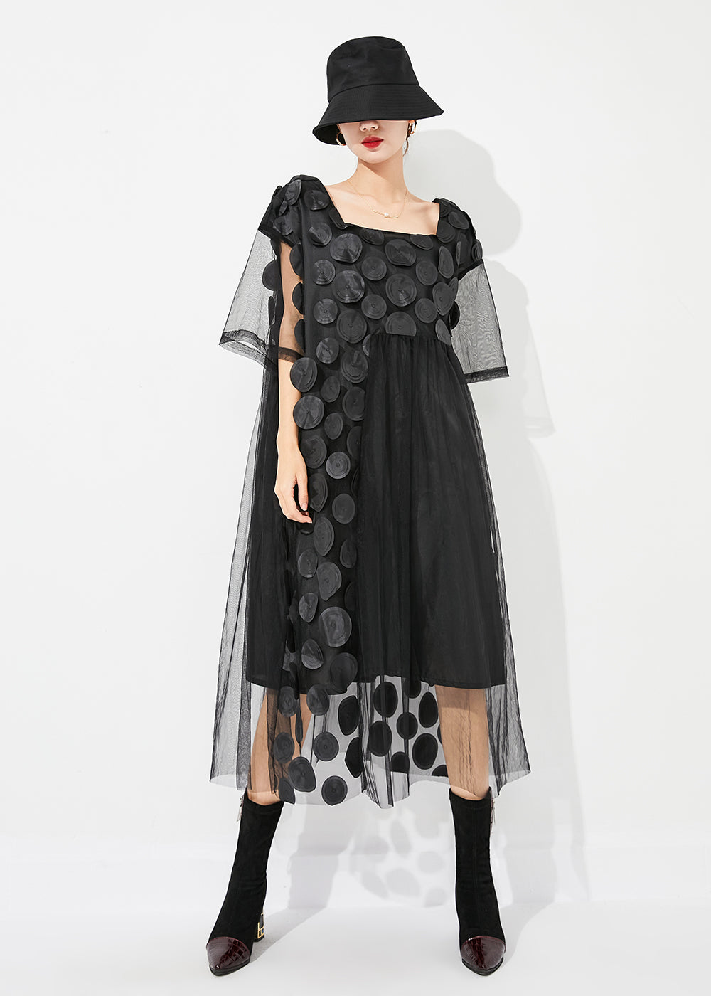 Boutique Black Square Collar Patchwork Hollow Out Tulle Long Dress Summer Ly0827