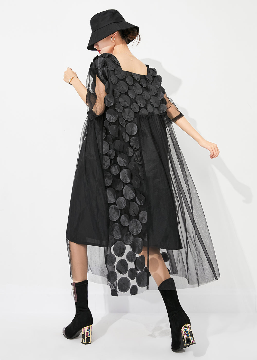 Boutique Black Square Collar Patchwork Hollow Out Tulle Long Dress Summer Ly0827