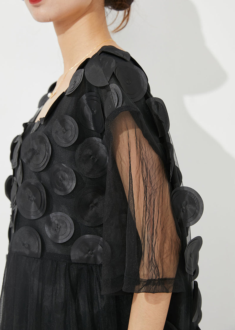 Boutique Black Square Collar Patchwork Hollow Out Tulle Long Dress Summer Ly0827