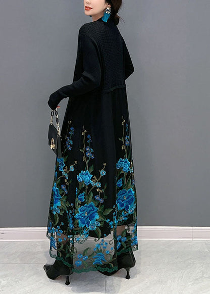 Boutique Blue Embroideried Patchwork Knit Maxi Dress Spring Ly1583