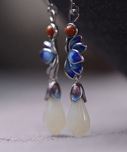 Boutique Blue Lotus Silver Jade Drop Earrings