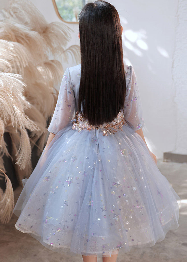 Boutique Blue O-neck Sequins Patchwork Tulle Kids Long Dress Half Sleeve Qv007
