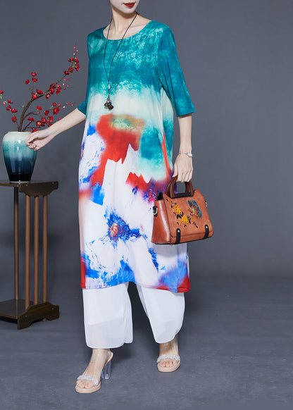 Boutique Blue O-neck Tie Dye Silk Long Dress Half Sleeve Lc0373