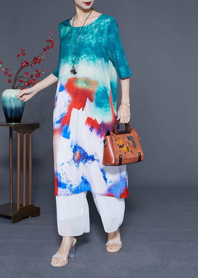 Boutique Blue O-neck Tie Dye Silk Long Dress Half Sleeve Lc0373