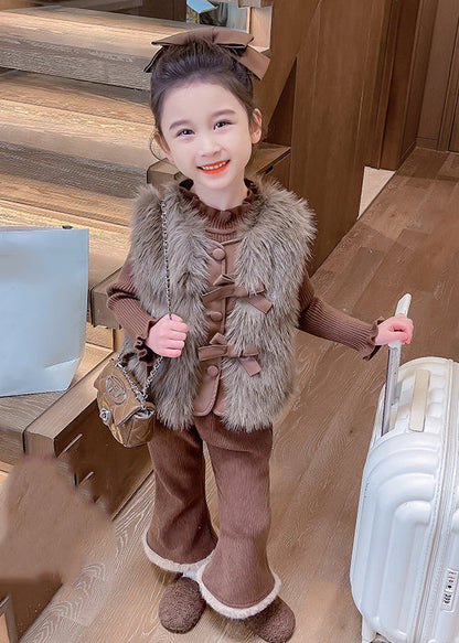 Boutique Coffee Warm Kids Knitted Cotton Waistcoat Sweaters and Flared Trousers Two Pieces Set Winter Tr018