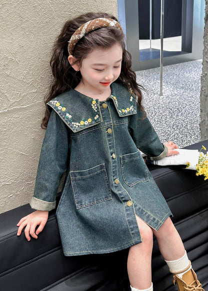 Boutique Denim Blue Peter Pan Collar Patchwork Pockets Kids Maxi Dresses Spring Tv034