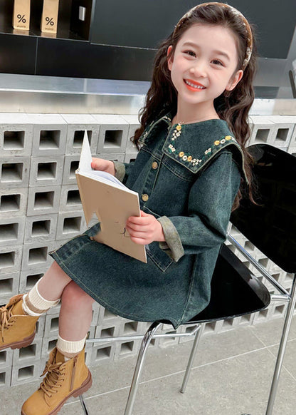 Boutique Denim Blue Peter Pan Collar Patchwork Pockets Kids Maxi Dresses Spring Tv034