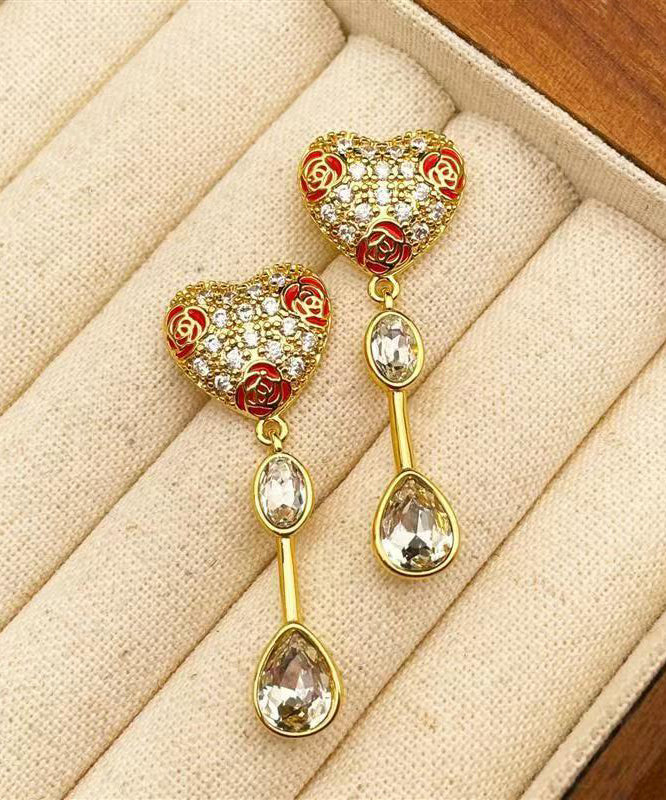 Boutique Gold Copper Overgild Zircon Drop Glaze Love Glass Tassel Drop Earrings