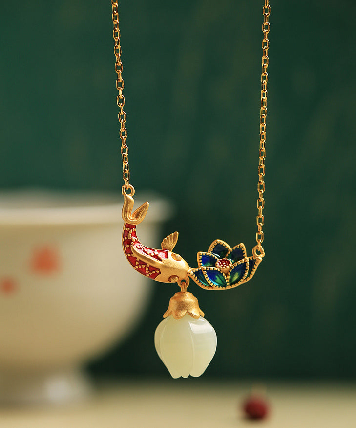 Boutique Gold Sterling Silver Ancient Gold Jade Lotus Enamel Pendant Necklace Po002