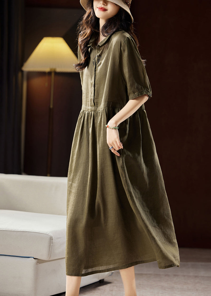 Boutique Green Peter Pan Collar Patchwork Linen Long Dresses Short Sleeve Ww034