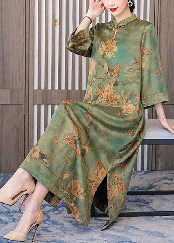 Boutique Green Print Chinese Button Silk Long Dress Bracelet Sleeve Ly1686