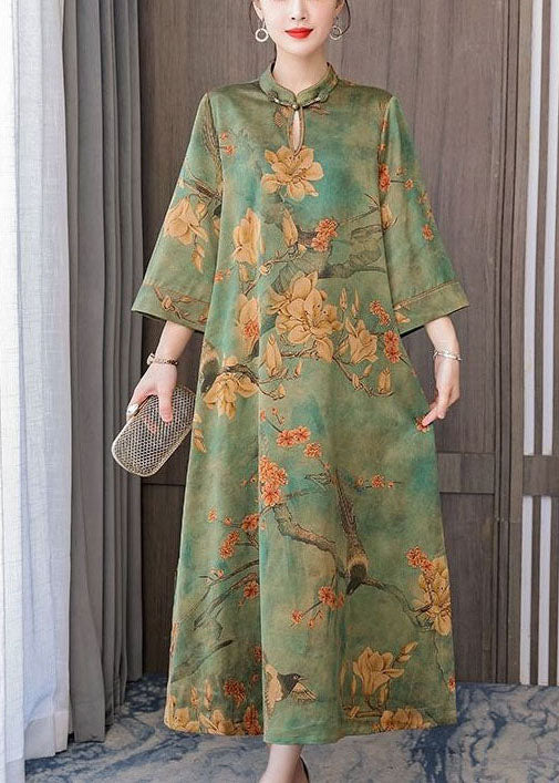 Boutique Green Print Chinese Button Silk Long Dress Bracelet Sleeve Ly1686