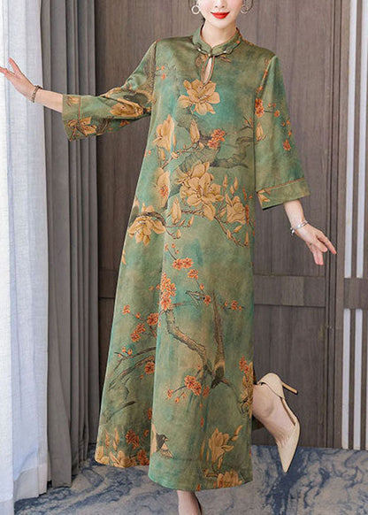 Boutique Green Print Chinese Button Silk Long Dress Bracelet Sleeve Ly1686