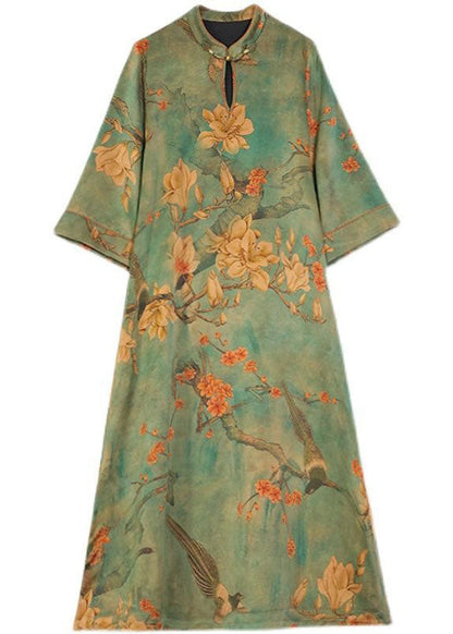 Boutique Green Print Chinese Button Silk Long Dress Bracelet Sleeve Ly1686