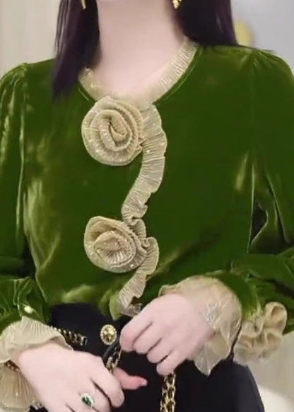 Boutique Green Ruffled Velour Blouse Tops Fall Wp024
